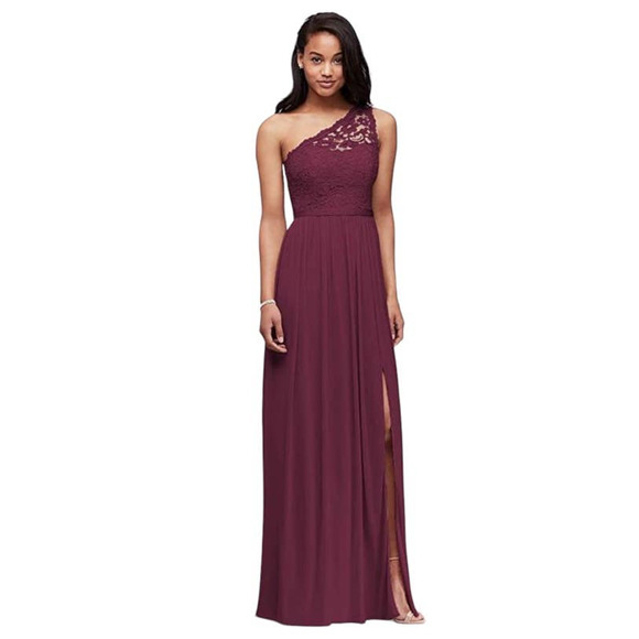 David's Bridal Dresses & Skirts - David’s Bridal Burgundy Size 12 One Shoulder Floral Lace Chiffon Formal Dress